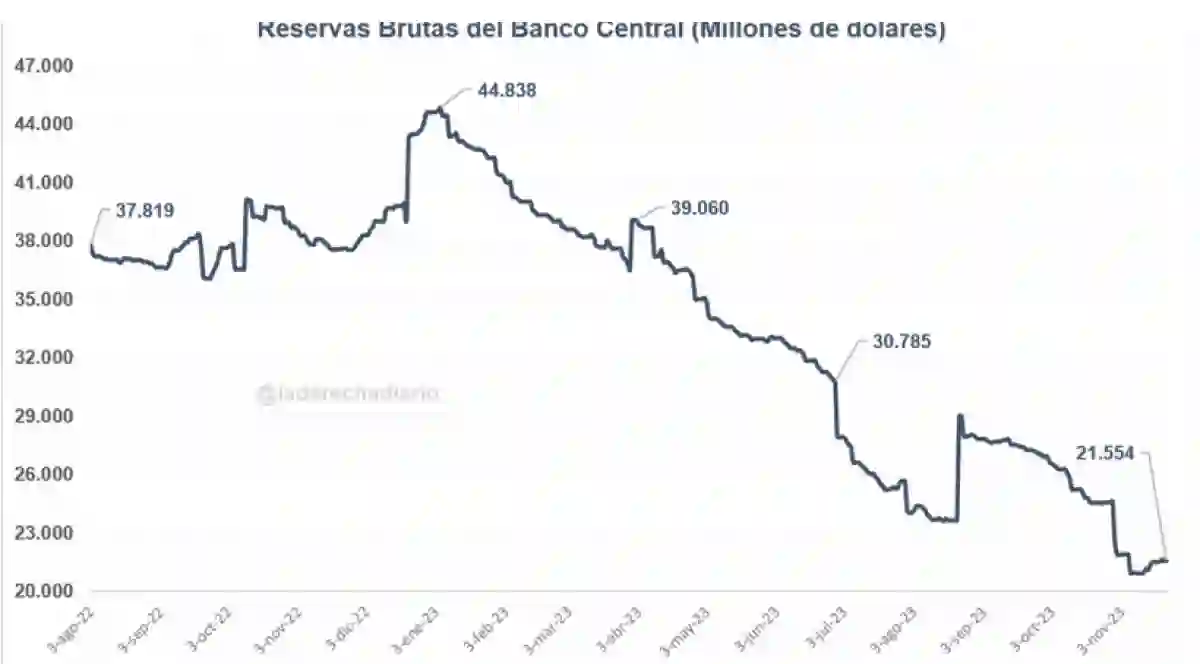 Reservas brutas del Banco Central en la gestión de Sergio Massa.