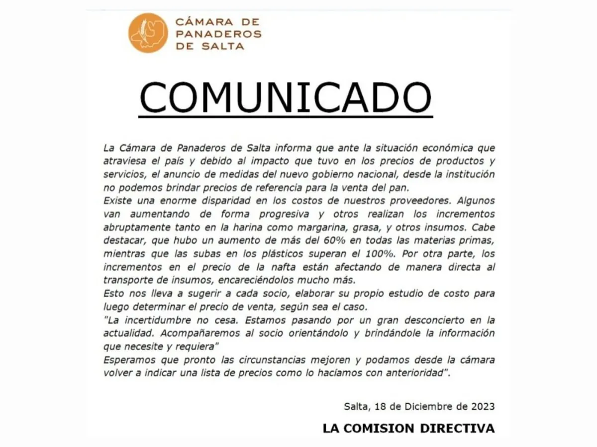 Comunicado oficial de la Cámara de Panaderos de Salta