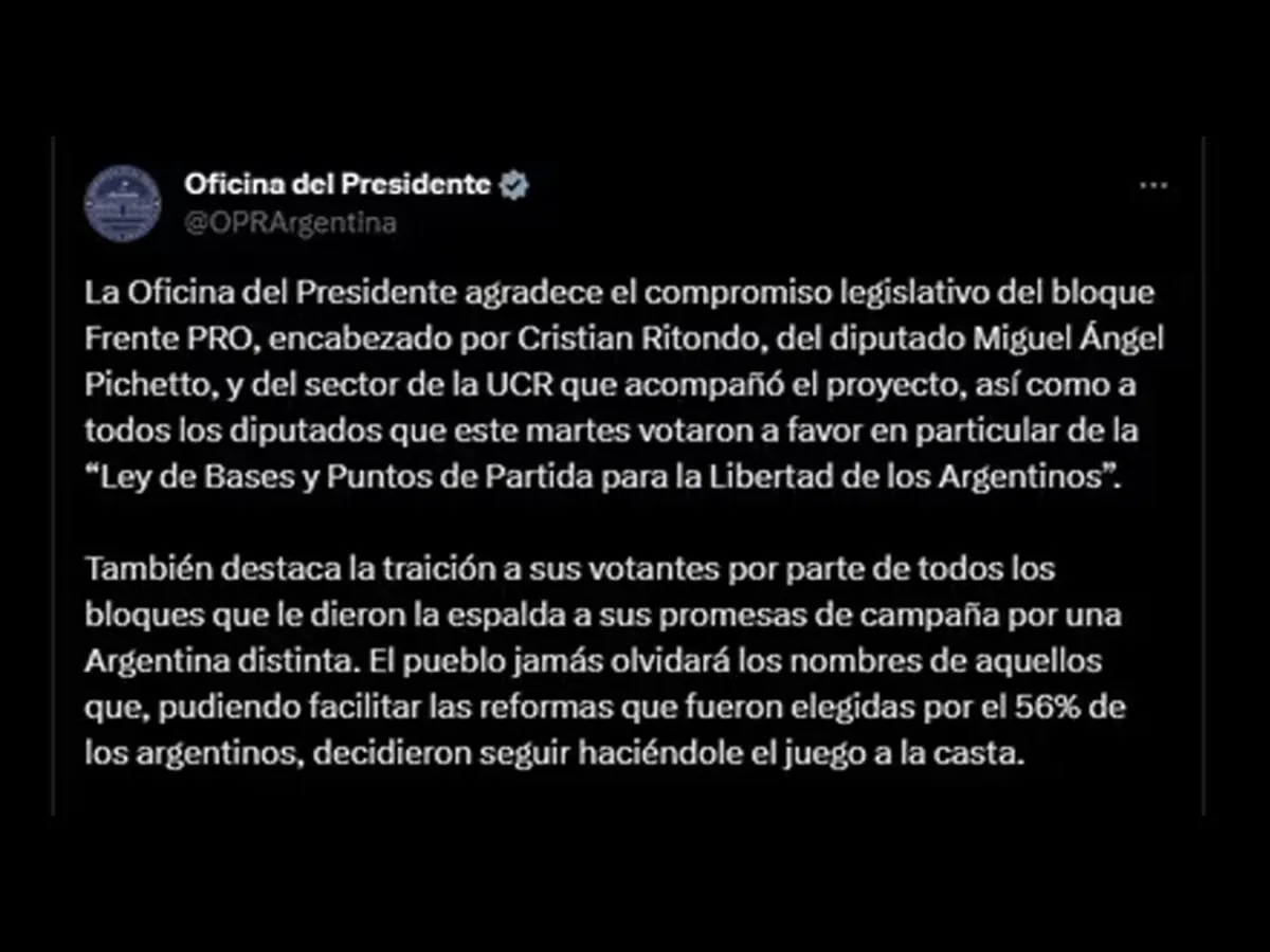 El Gobierno publicó el listado de los diputados que votaron en contra de la Ley Ómnibus