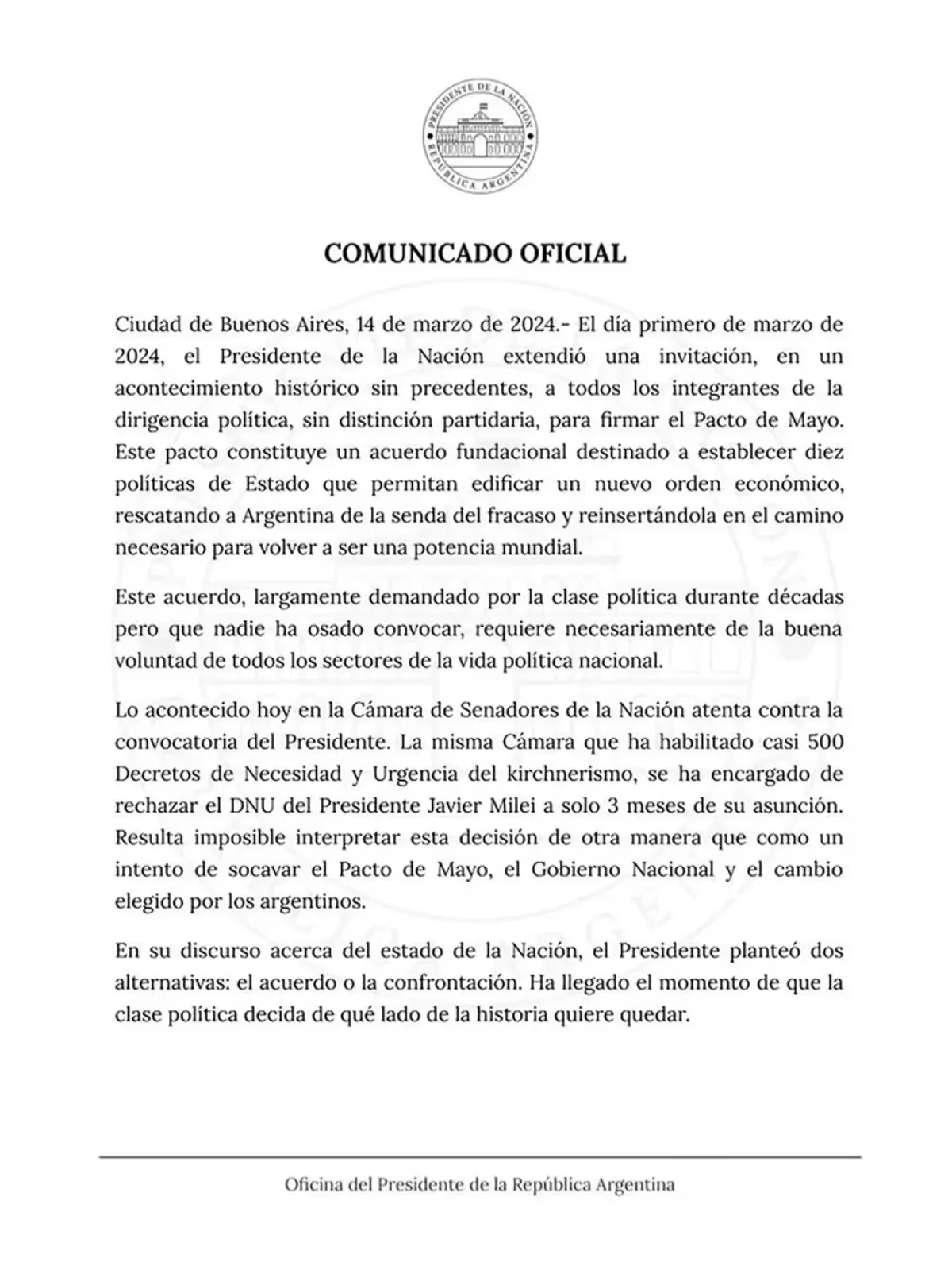 El comunicado de la Oficina del Presidente