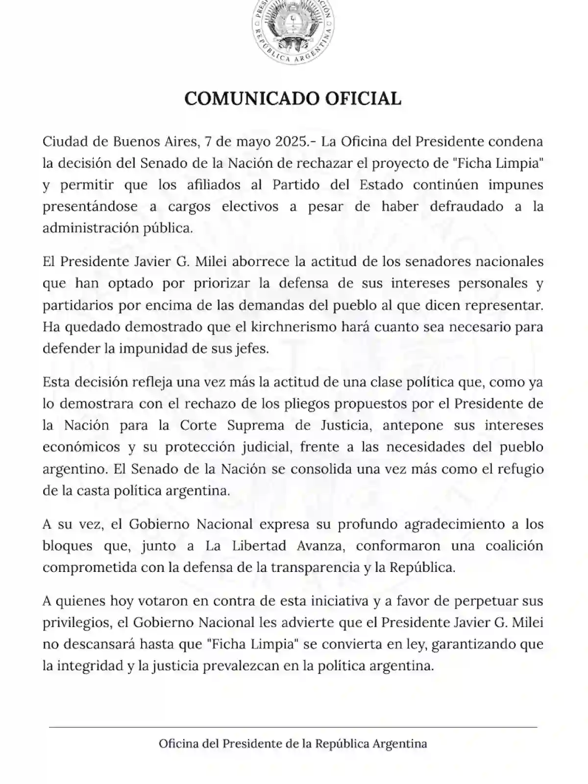 El comunicado de la Oficina del Presidente