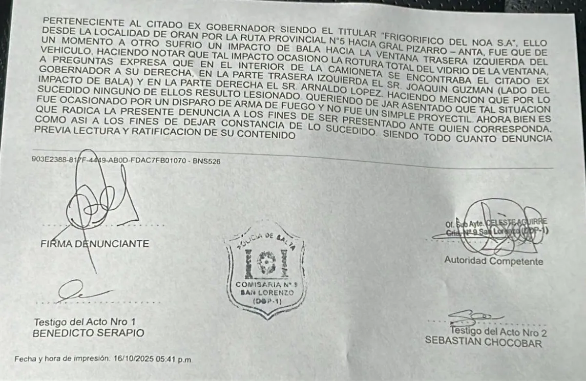 Parte de la denuncia policial