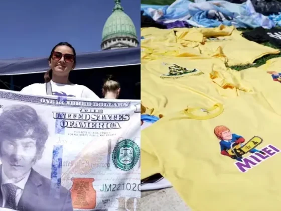 Así esperaba la gente a Javier Milei: Banderas de dólar, máscaras de Kiss y remeras a $8 mil