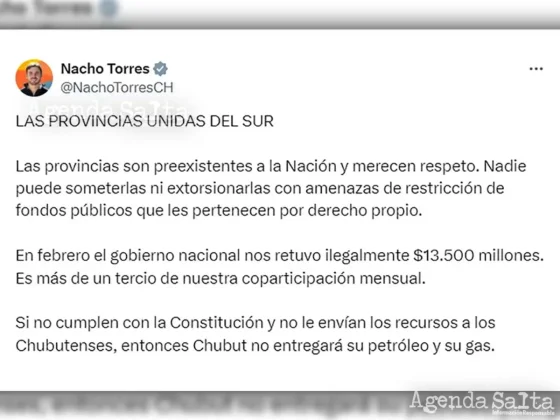 El post del mandatario chubutense en la red social "X"