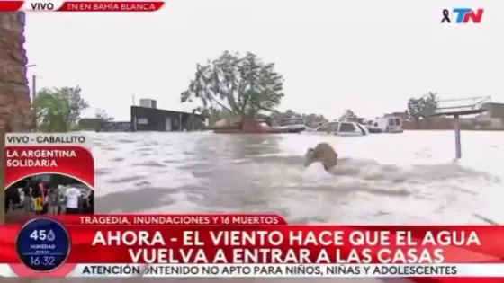 Paula Bertini en medio de las inundaciones en Bahía Blanca.