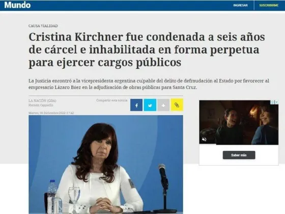 La reacción de la prensa internacional a la condena de la vicepresidenta argentina Cristina Kirchner